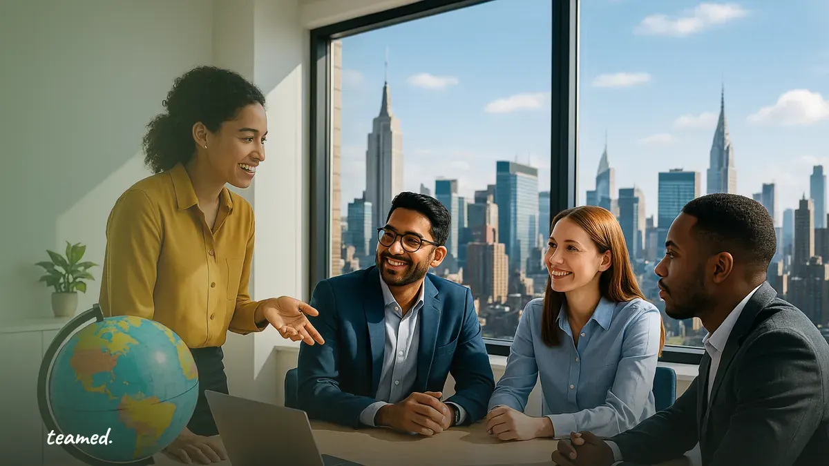 A modern office scene representing collaboration and global hiring, relevant to EOR platforms for hiring developers.