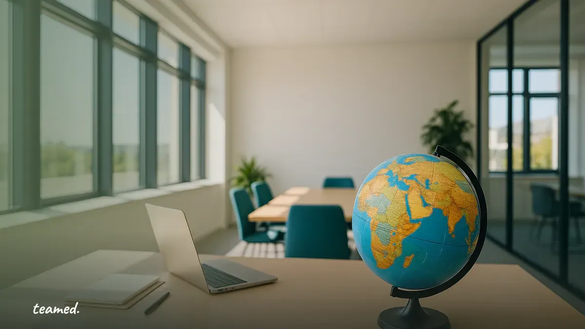 A bright, modern office setting symbolizes the global reach of EOR services, relevant to mid-market HR strategies.
