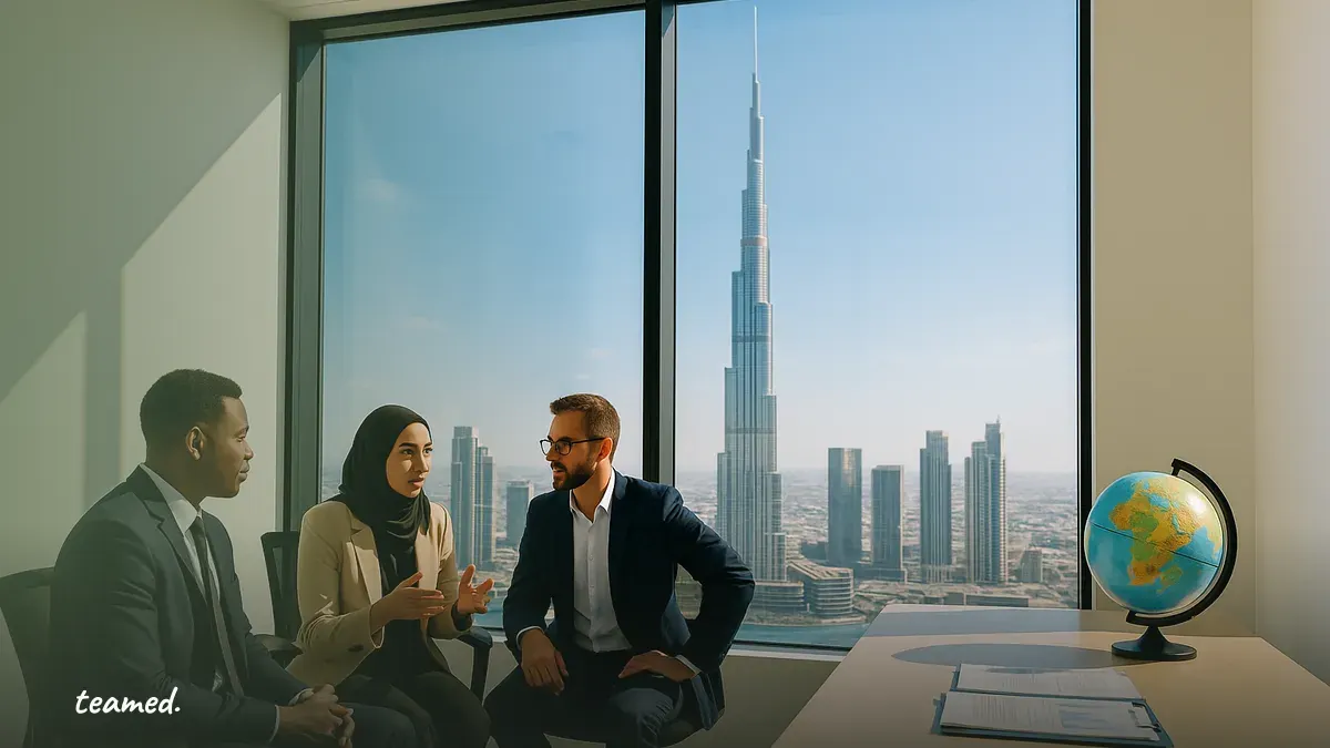A modern office scene with the Burj Khalifa in the background, symbolizing global employment services in the UAE.