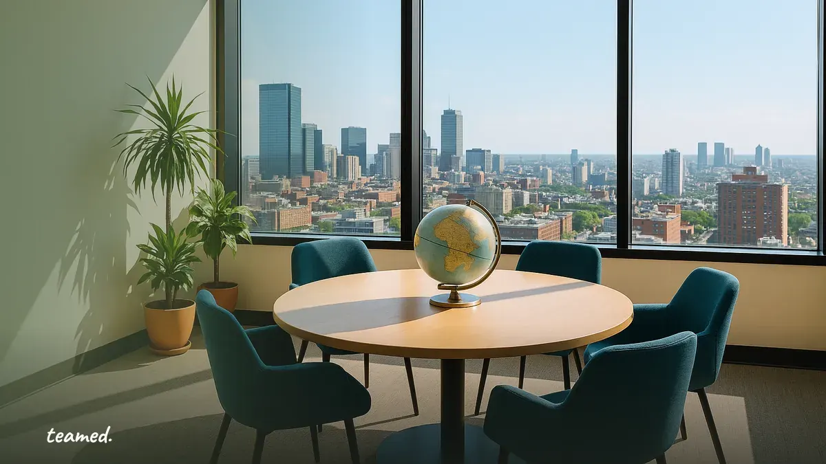 A bright office space with a globe emphasizes global compliance, relevant to EOR and PEO discussions.