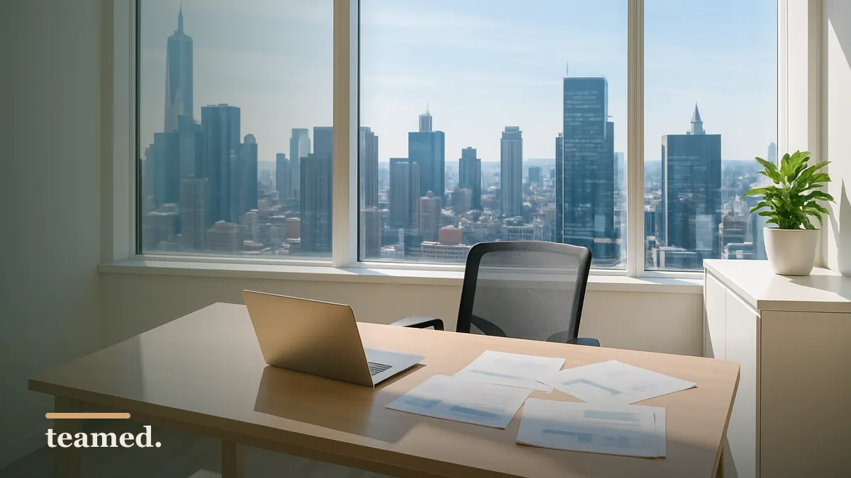 A modern office space with a city view, symbolizing the professional nature of employment services.