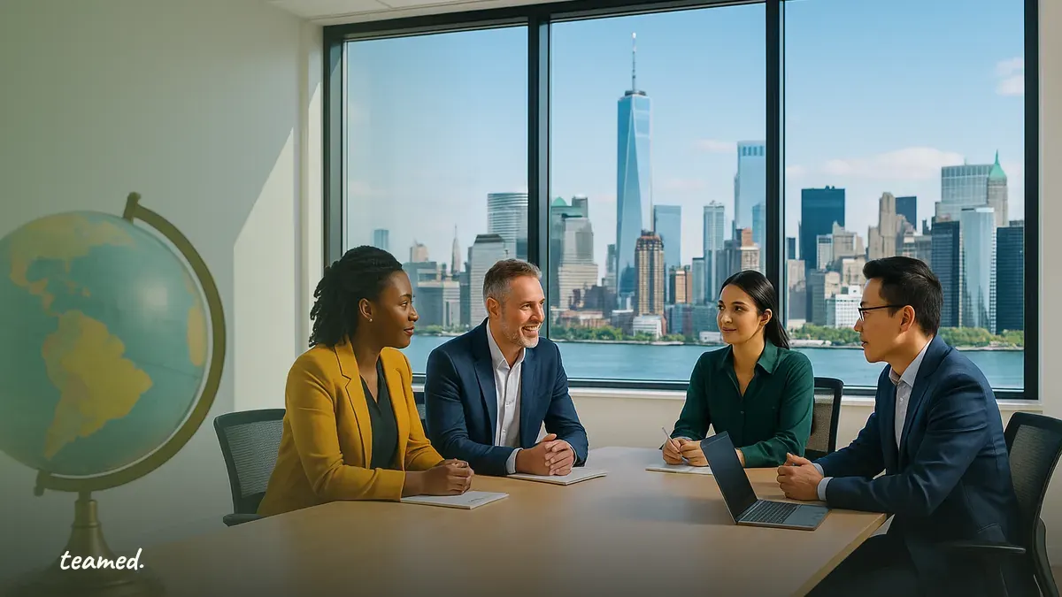 A diverse team collaborates in a bright office, symbolizing global employment solutions.