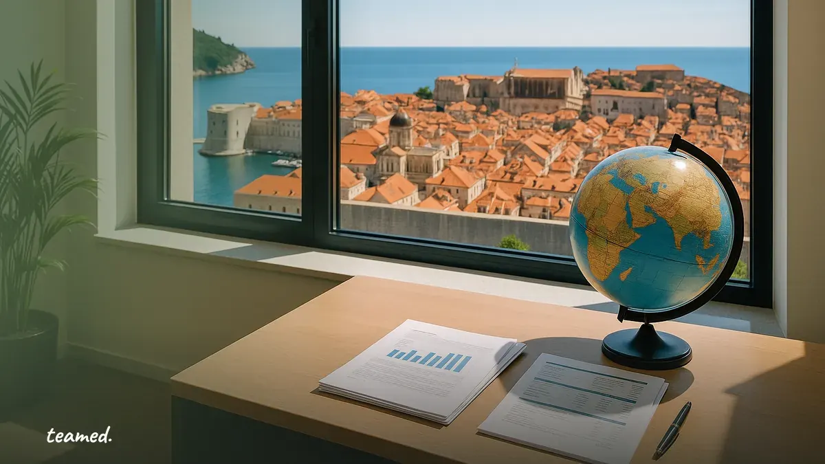 A clean office scene with Dubrovnik's vibrant skyline visible, symbolizing global business expansion.