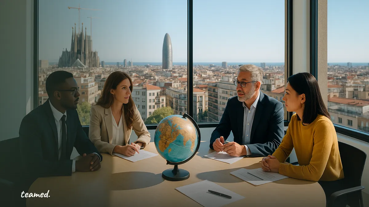 A vibrant office scene highlighting global collaboration, relevant to understanding employment solutions in Spain.