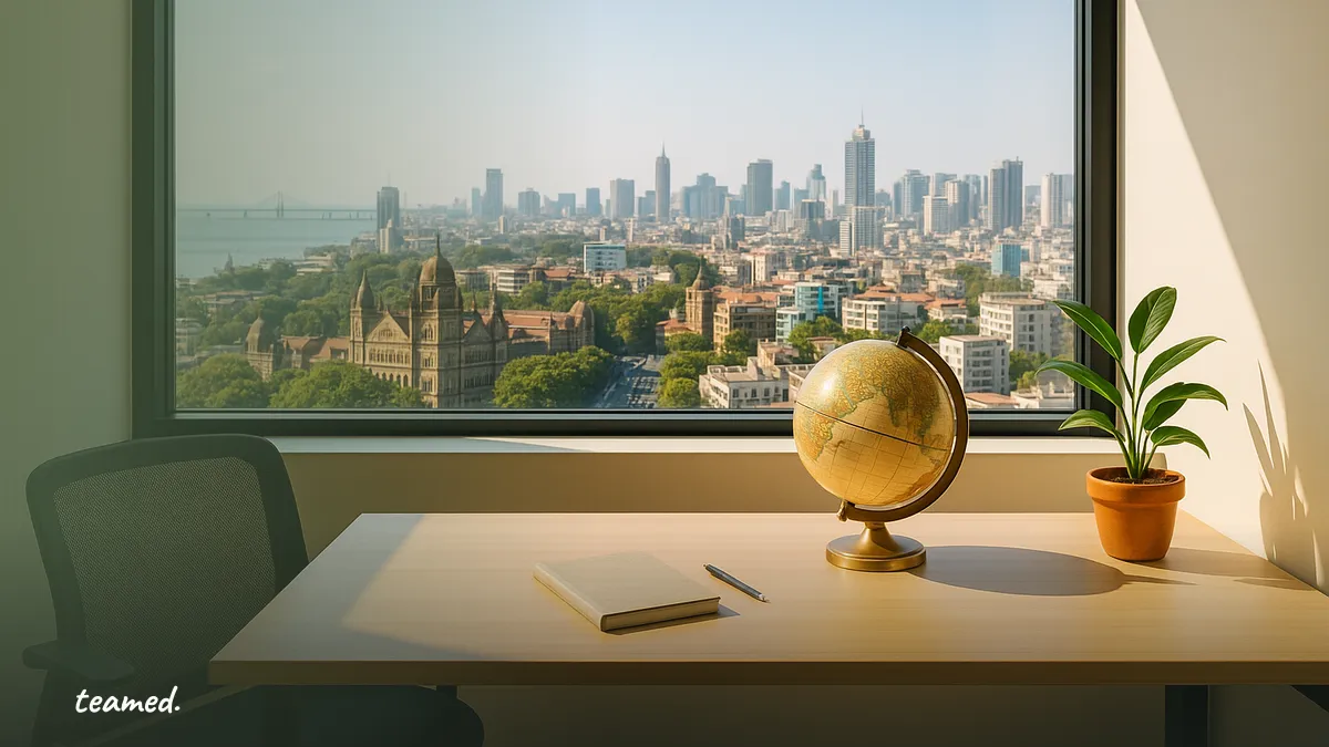 A bright office with a view of Mumbai, symbolizing global employment solutions in India.