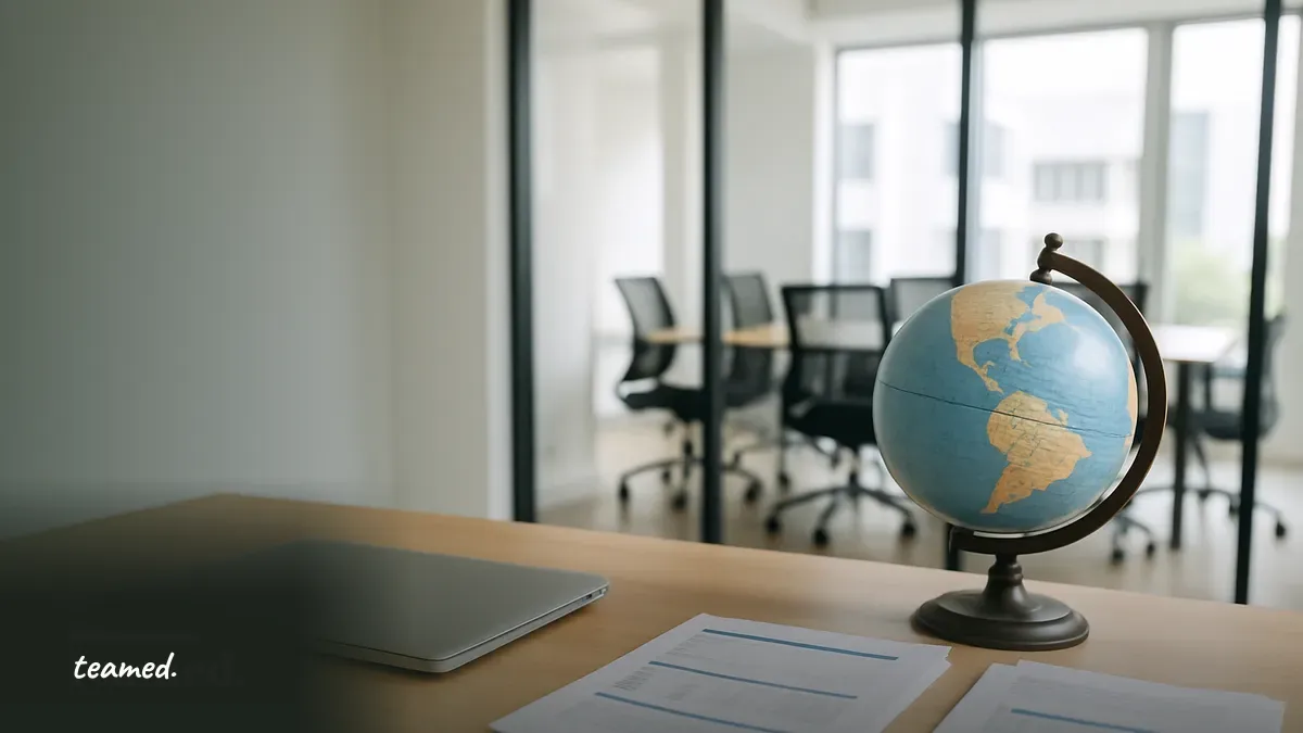 A bright office scene featuring a desk with a globe and closed laptop, symbolizing global employment and evaluation processes.