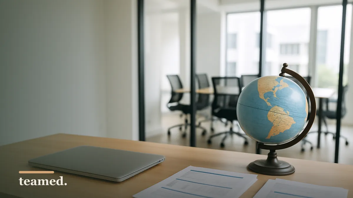 A bright office scene featuring a desk with a globe and closed laptop, symbolizing global employment and evaluation processes.