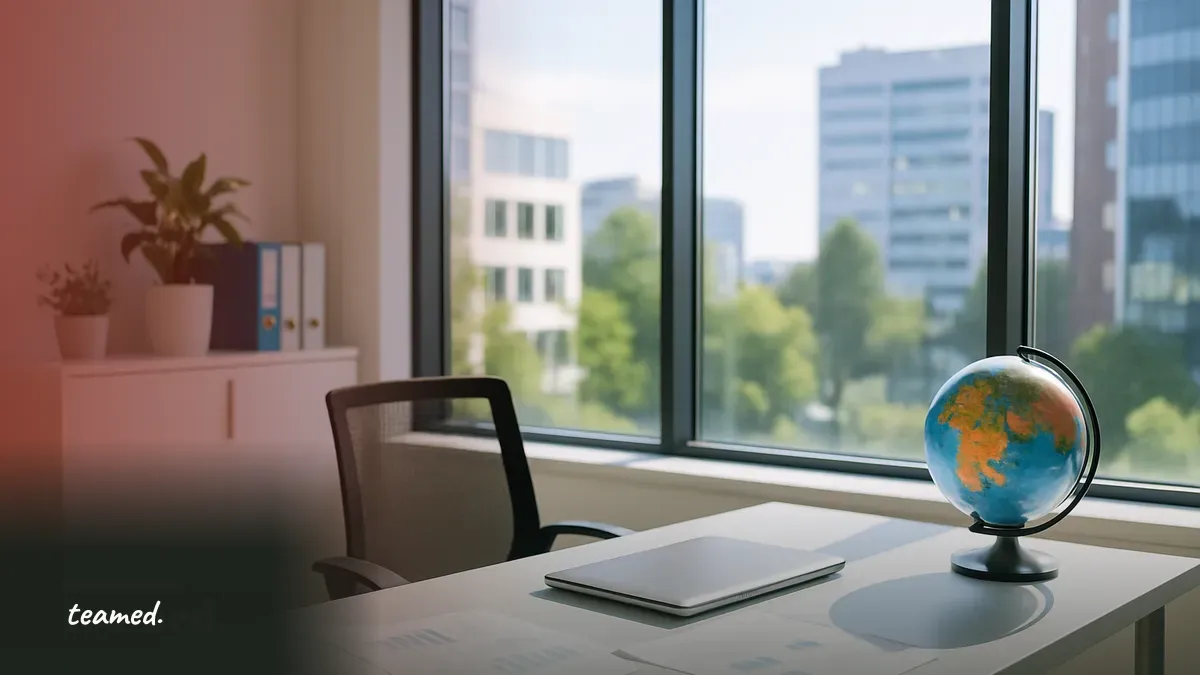 A modern office with a desk and globe, symbolizing employee classification and global employment.