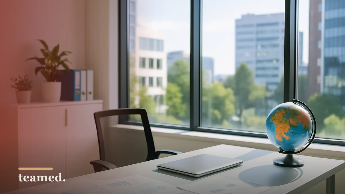 A modern office with a desk and globe, symbolizing employee classification and global employment.