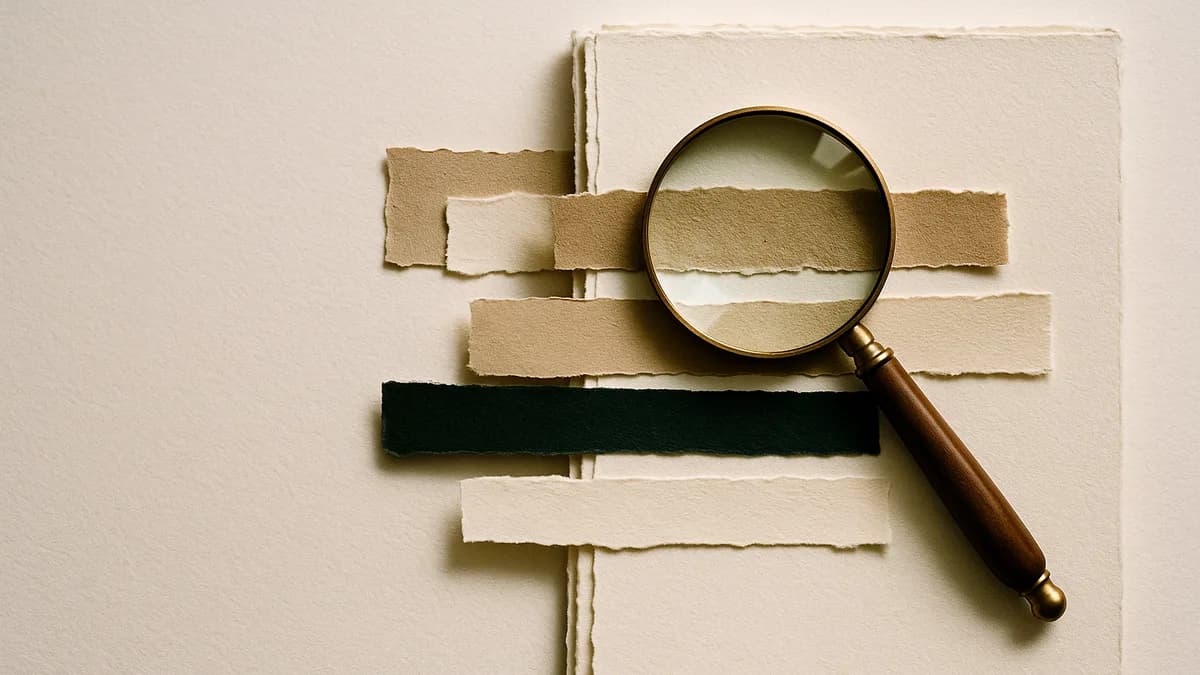 A layered paper stack with five torn strips and a magnifying glass, the checks that catch a first-hire mistake.
