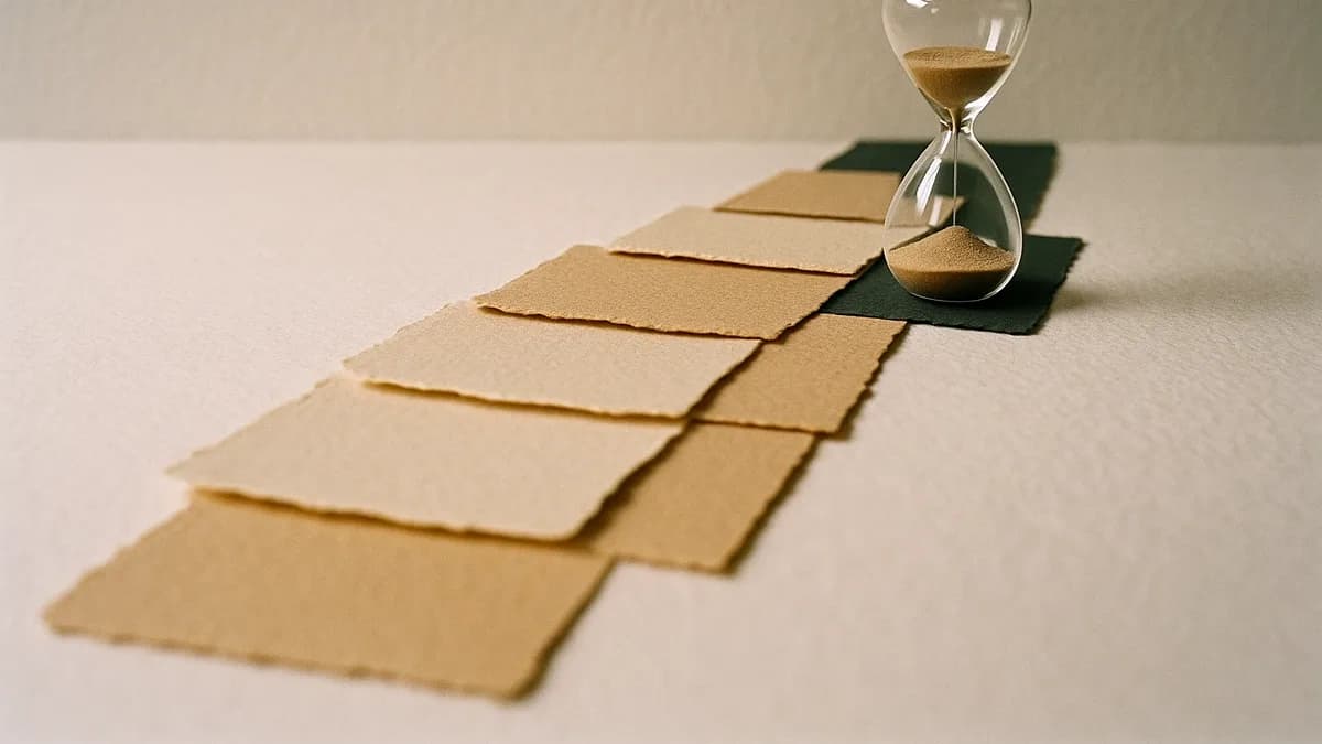 A path of layered paper tiles rising to one dark green tile, with an hourglass, the steps from offer to first payslip.