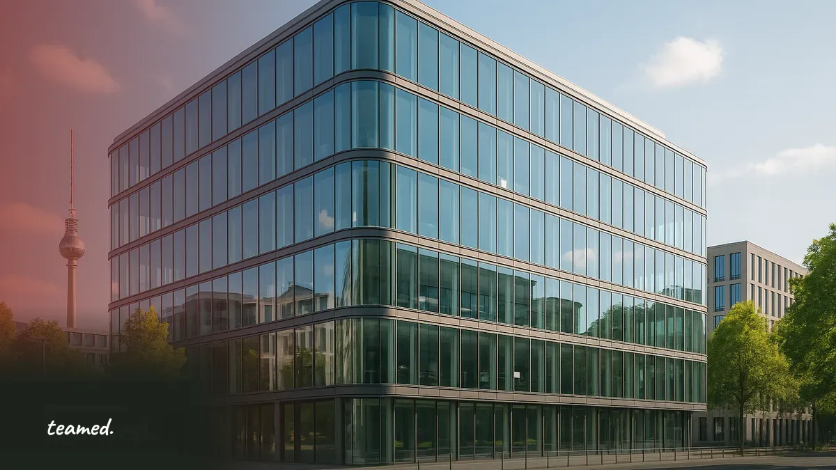 A modern Berlin office building in soft daylight, evoking German employment law.