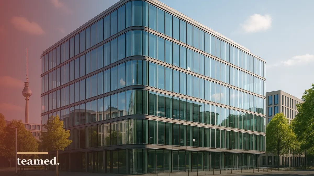 A modern Berlin office building in soft daylight, evoking German employment law.