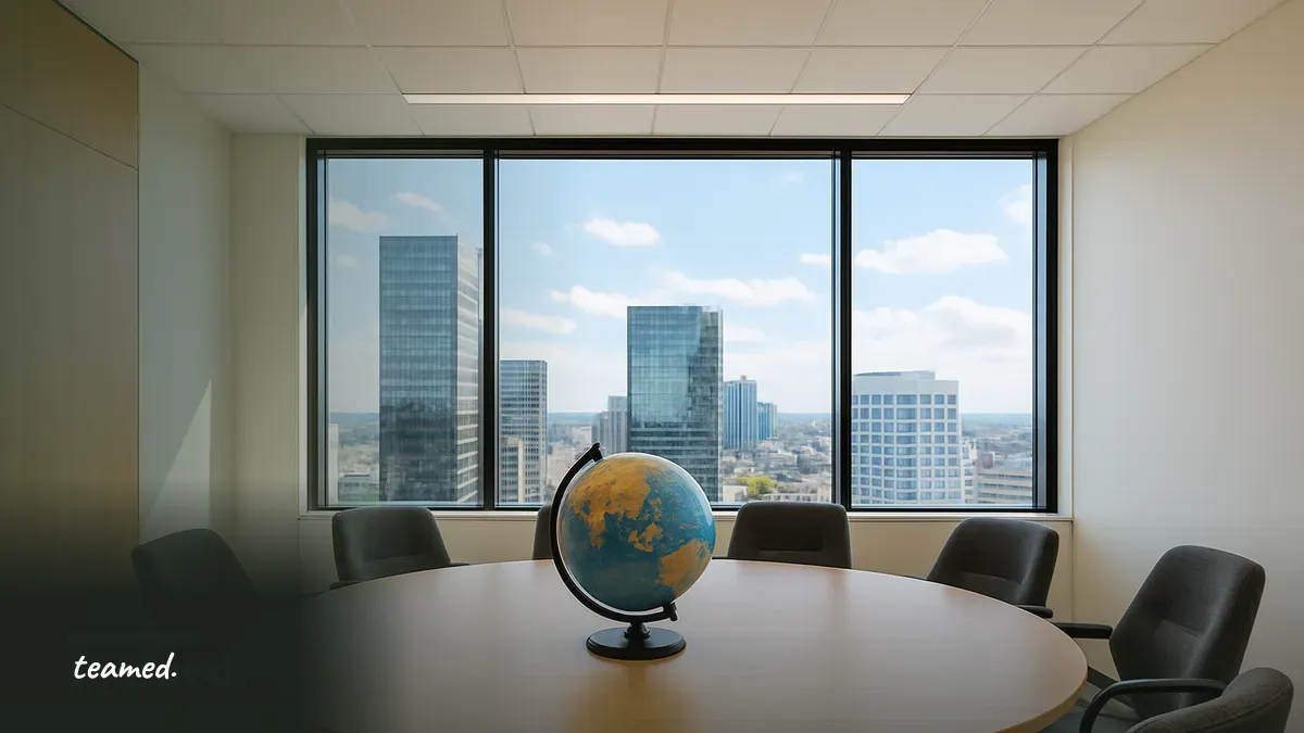 A bright office meeting room with a globe, representing global employee benefits.