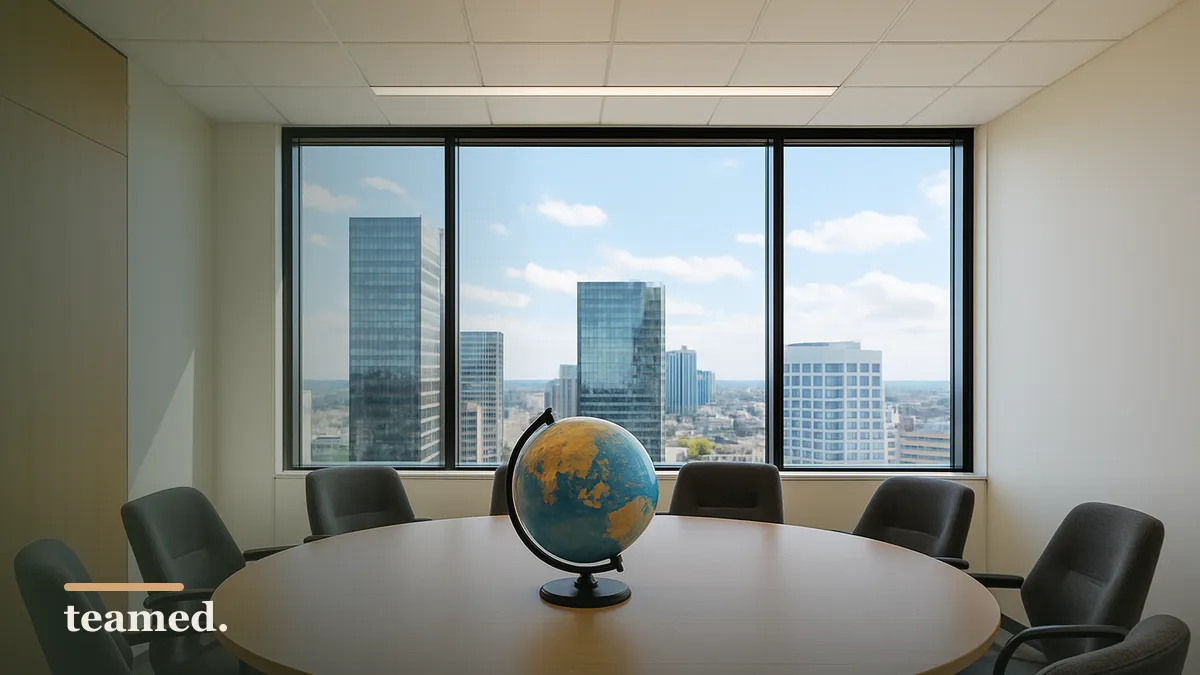 A bright office meeting room with a globe, representing global employee benefits.