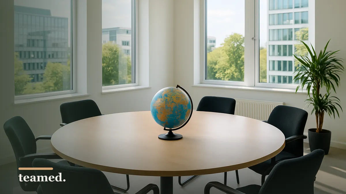 A bright office meeting room with a globe, representing global payroll comparisons.