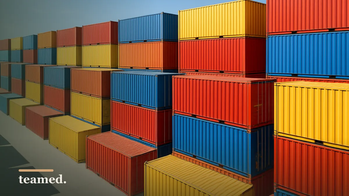 Stacked shipping containers at a port, evoking the hidden legal supply chain behind an EOR provider.