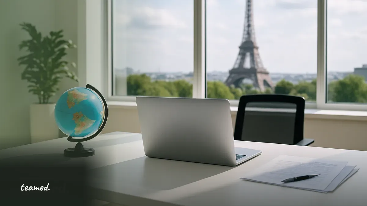 A modern office with a globe and Eiffel Tower view, representing hiring compliance in France.