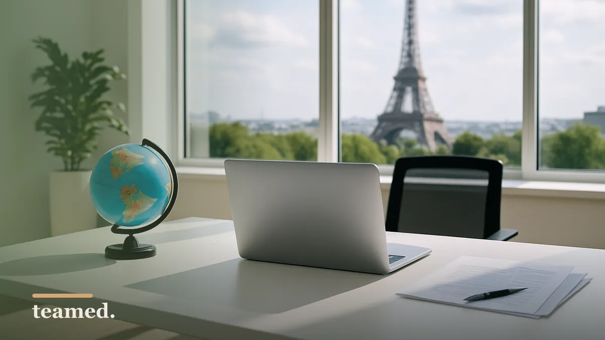 A modern office with a globe and Eiffel Tower view, representing hiring compliance in France.