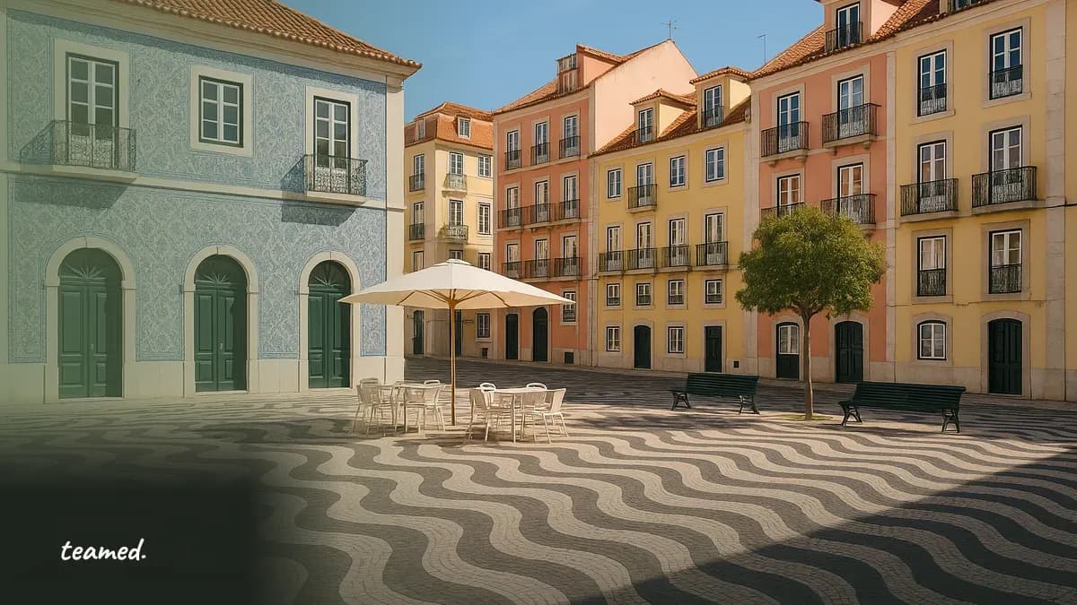 A sunlit Lisbon plaza with azulejo tilework, evoking Portuguese social security registration.