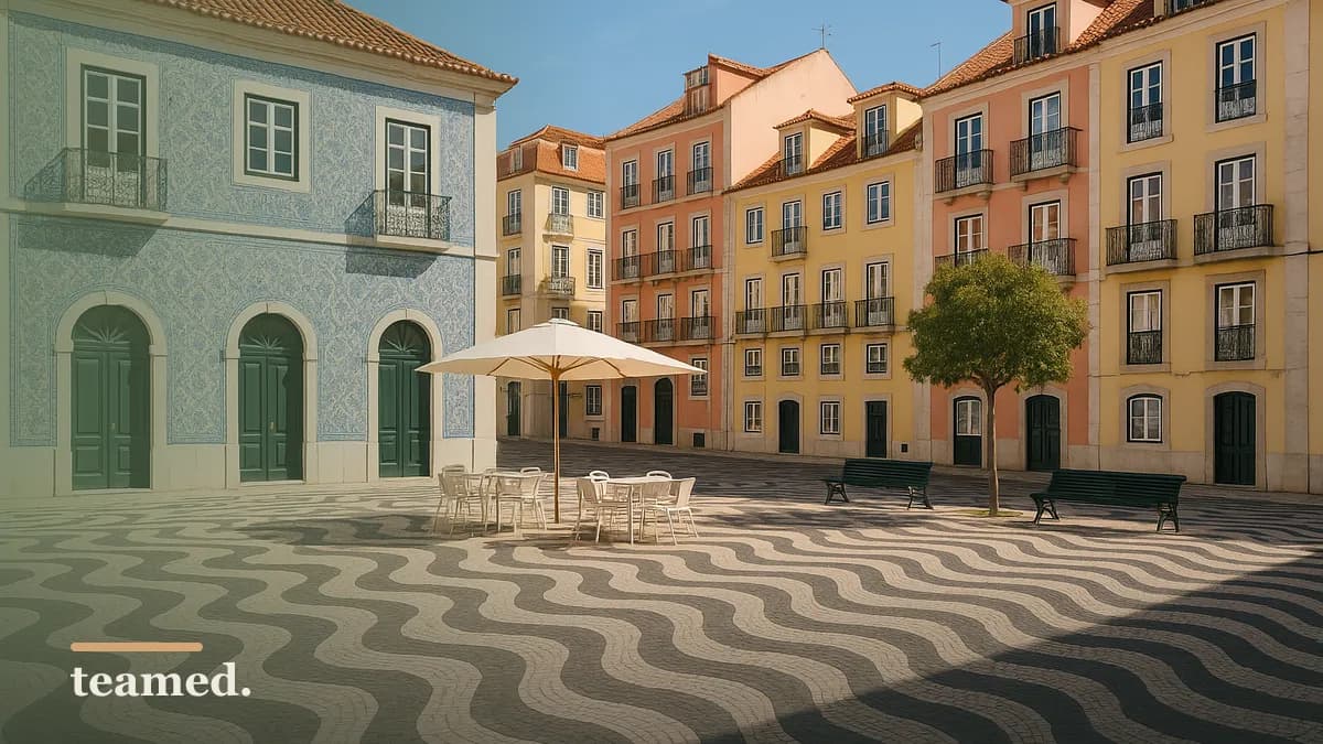 A sunlit Lisbon plaza with azulejo tilework, evoking Portuguese social security registration.