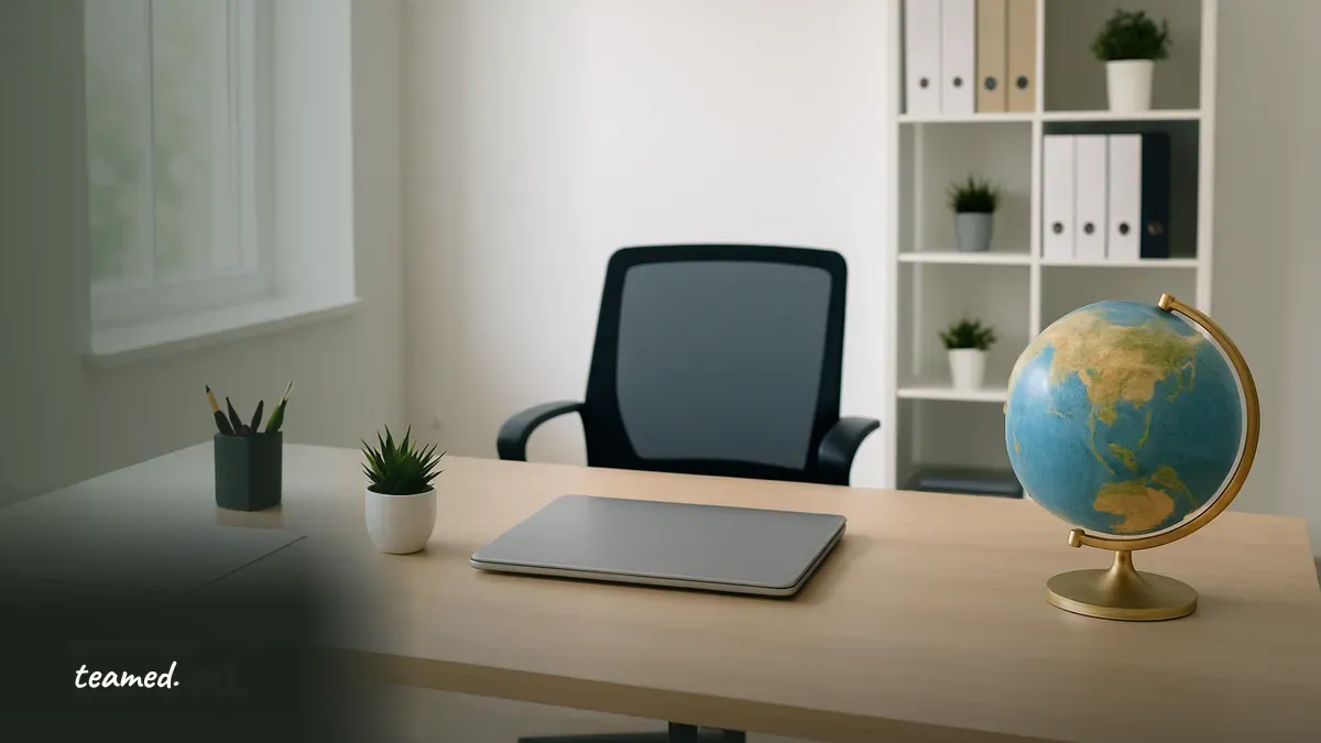 A bright modern office scene featuring a globe and a closed laptop, relevant to the article on SSP calculation.