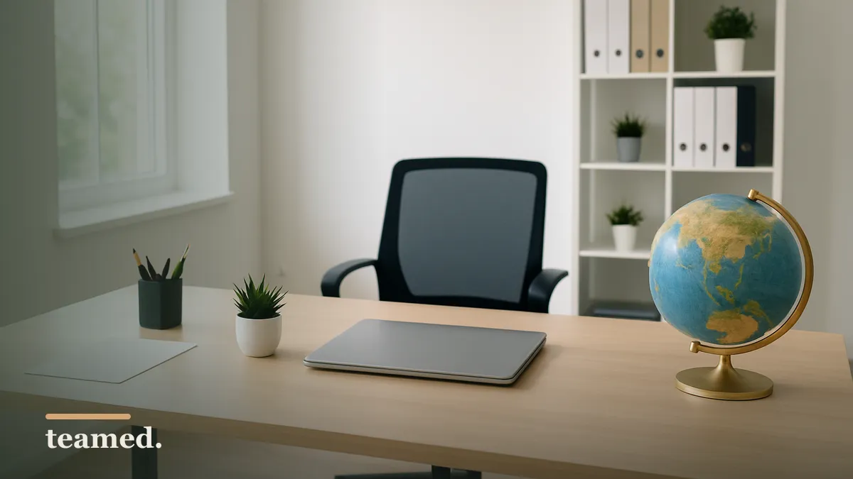 A bright modern office scene featuring a globe and a closed laptop, relevant to the article on SSP calculation.