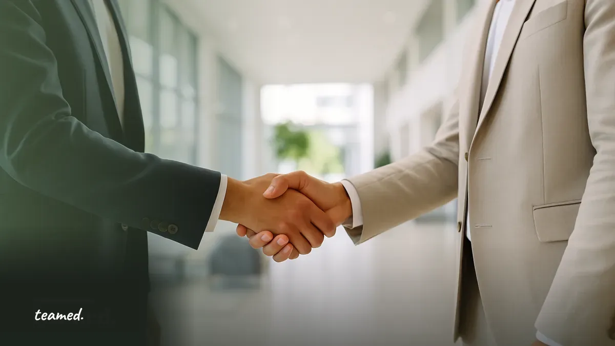 A handshake in a bright office lobby, representing the careful selection of local compliance partners.