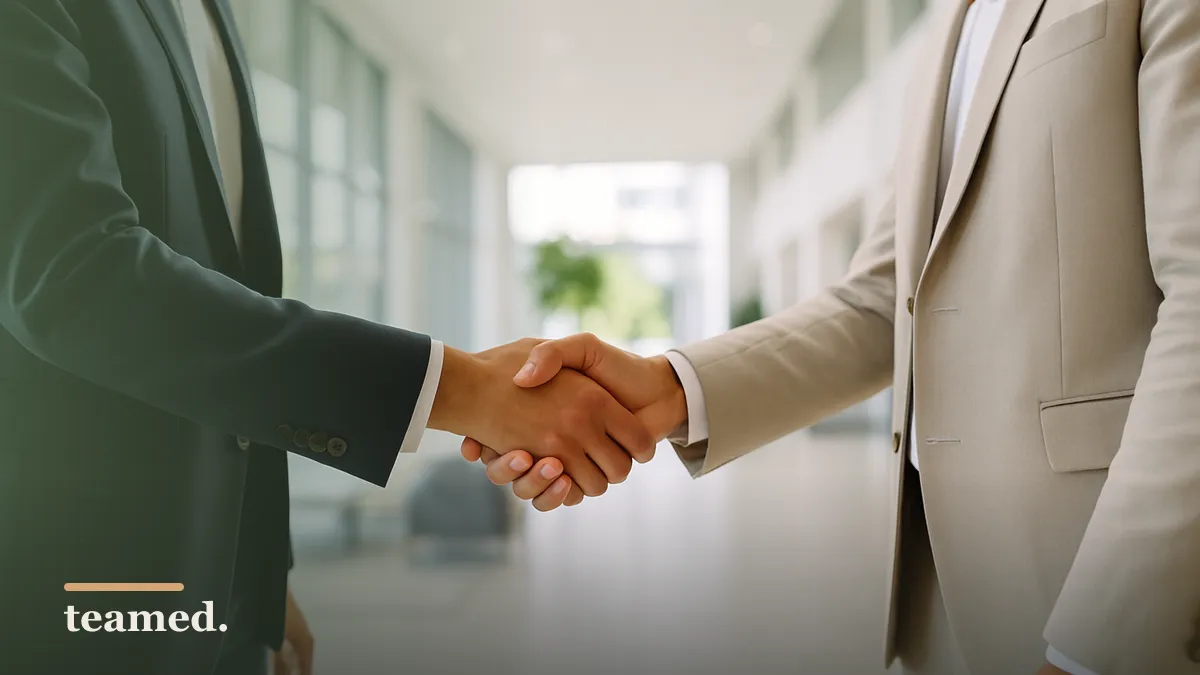 A handshake in a bright office lobby, representing the careful selection of local compliance partners.