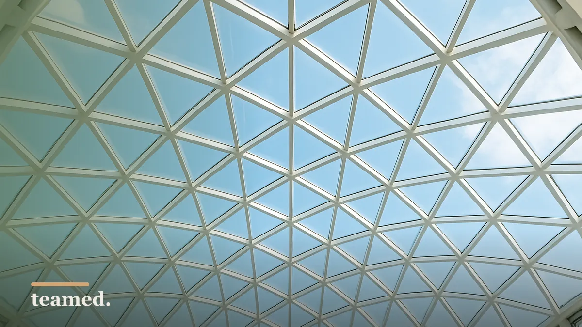 The geometric steel lattice of a glass atrium roof, evoking a well-engineered compliance architecture.