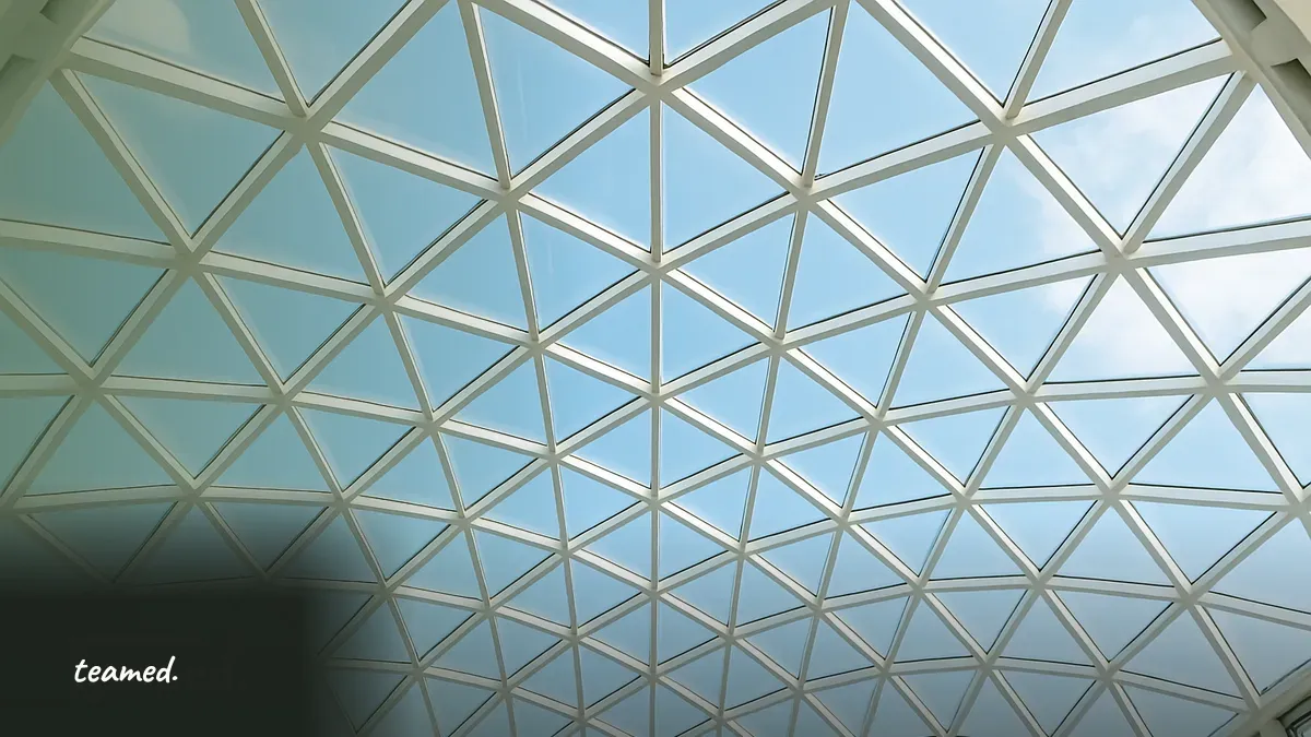 The geometric steel lattice of a glass atrium roof, evoking a well-engineered compliance architecture.