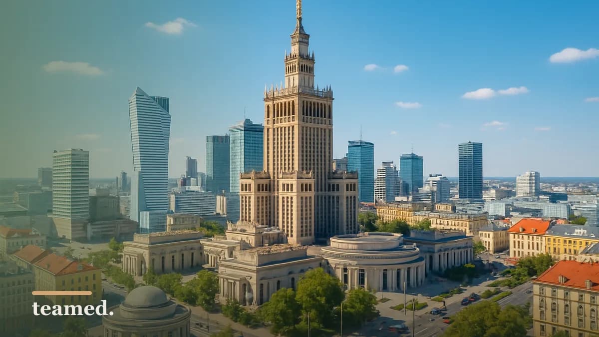 A vibrant view of Warsaw's skyline with the Palace of Culture and Science, representing the article's focus on Poland's employment landscape.