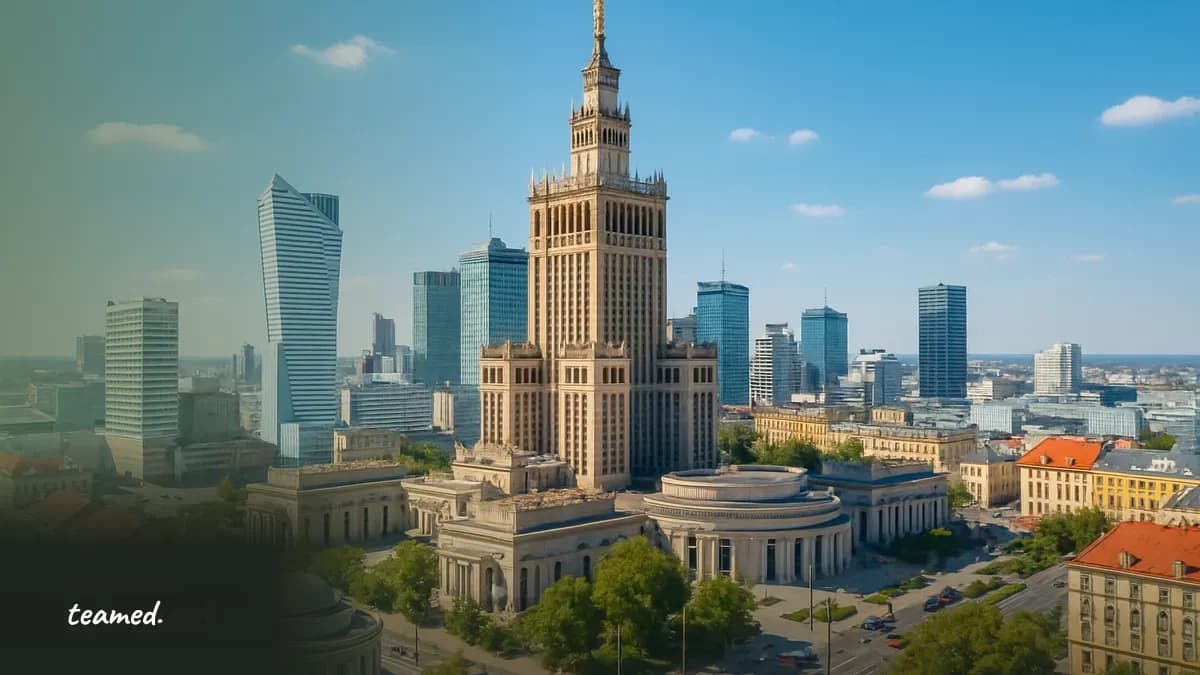 A vibrant view of Warsaw's skyline with the Palace of Culture and Science, representing the article's focus on Poland's employment landscape.