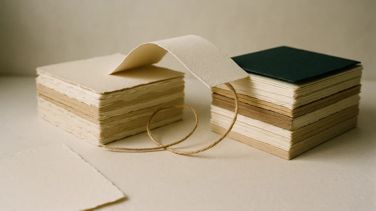 Two layered paper stacks bridged by a lifted cream sheet and a loop of twine, moving an existing employee onto an EOR.