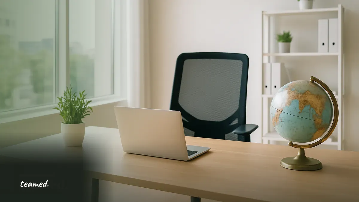A modern office setup with a globe and a closed laptop, symbolizing the global employment process.