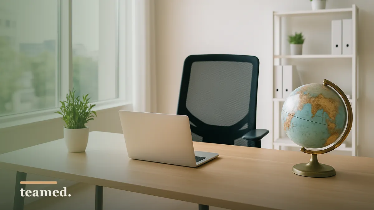 A modern office setup with a globe and a closed laptop, symbolizing the global employment process.