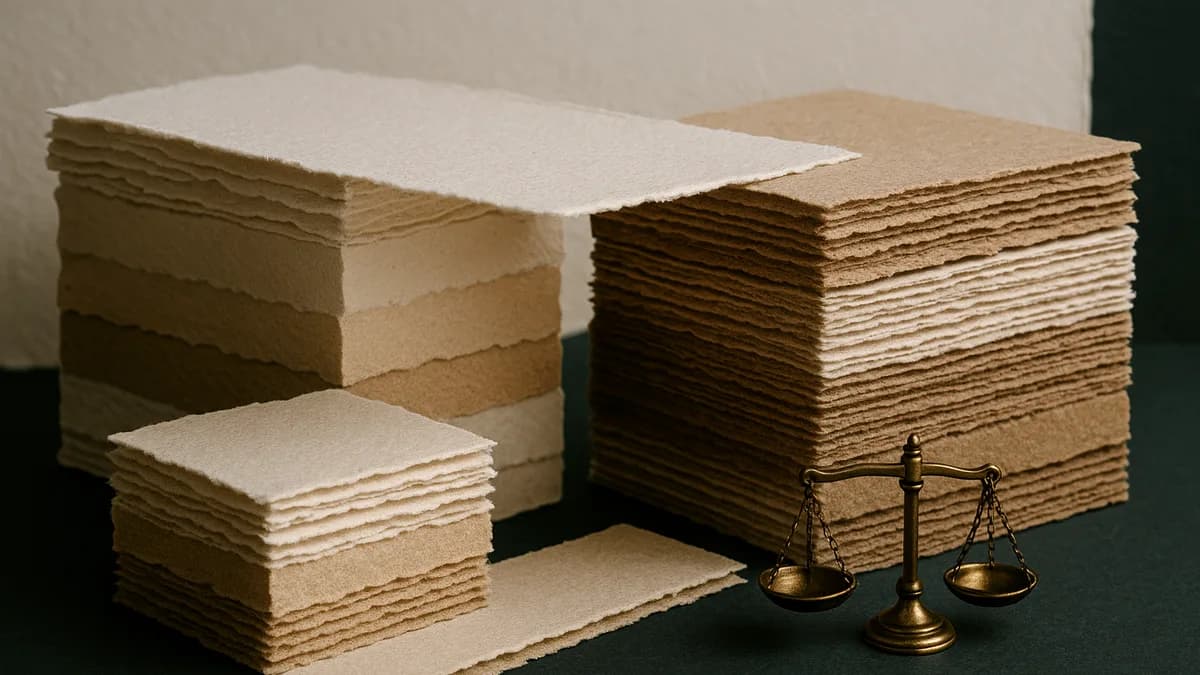Stacks of layered paper capped by a level cream sheet beside a brass balance scale on dark green, the wage ceiling on an Indian payslip.