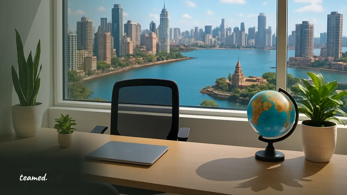A modern office with a cityscape of Mumbai, representing the topic of hiring and employment in India.