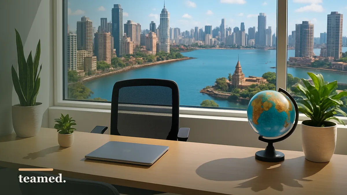 A modern office with a cityscape of Mumbai, representing the topic of hiring and employment in India.