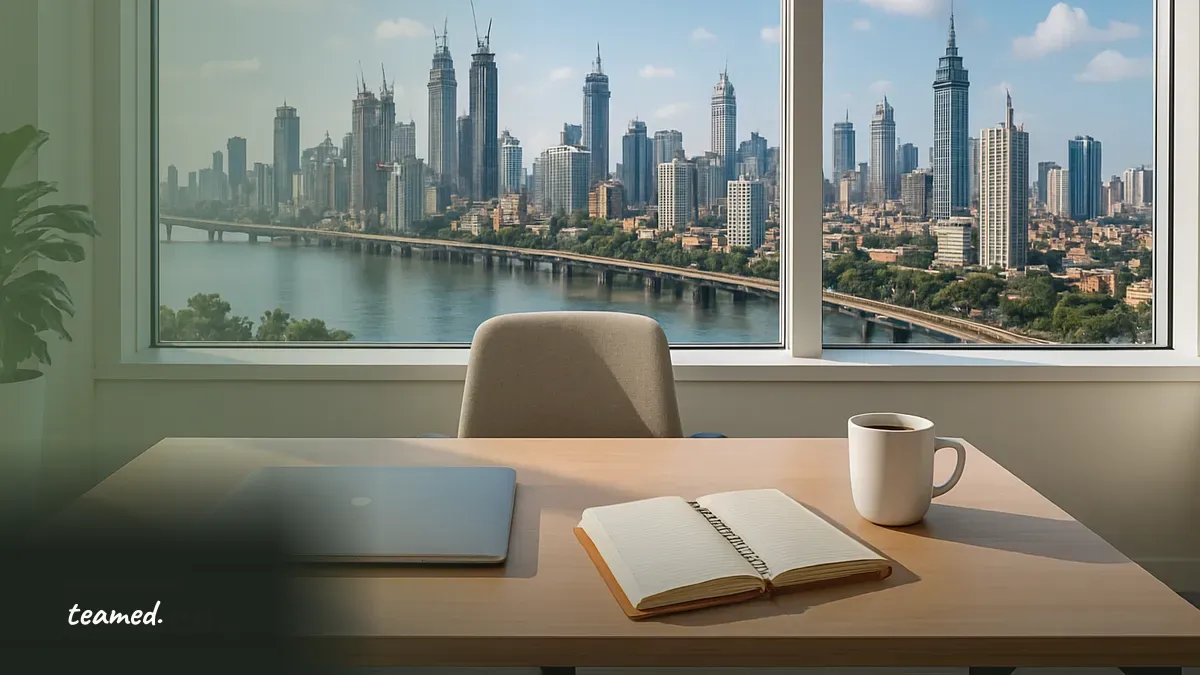 A modern office scene with a view of Mumbai's skyline, symbolizing the evolving landscape of labor laws in India.