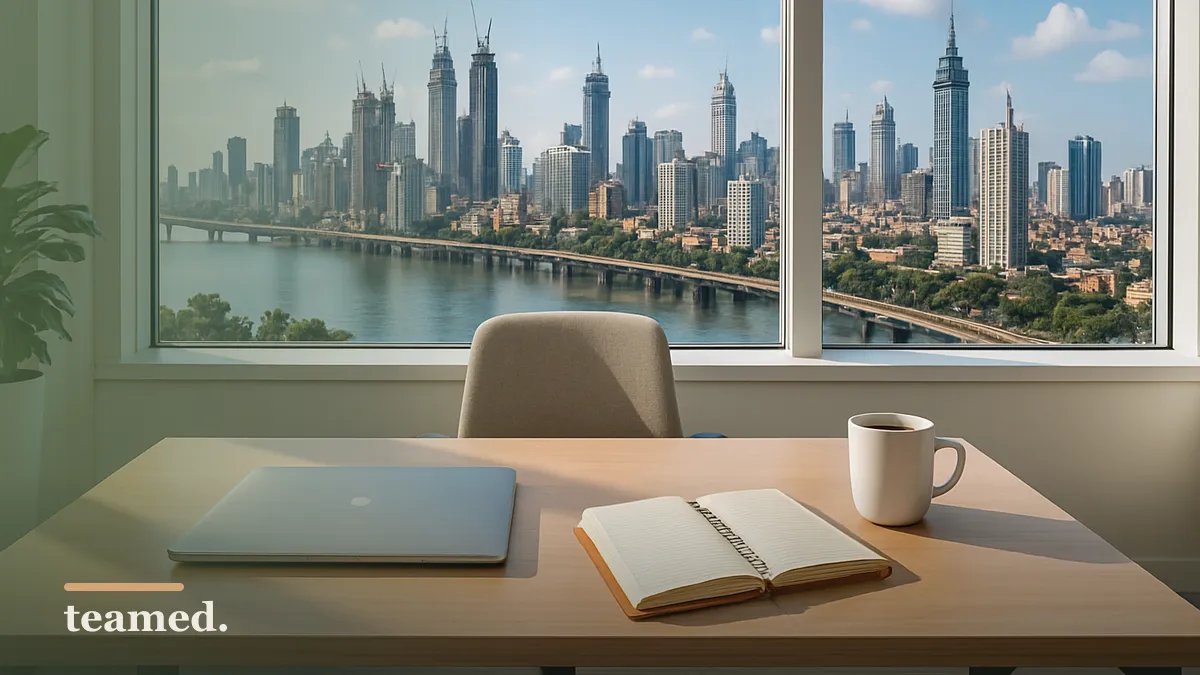 A modern office scene with a view of Mumbai's skyline, symbolizing the evolving landscape of labor laws in India.