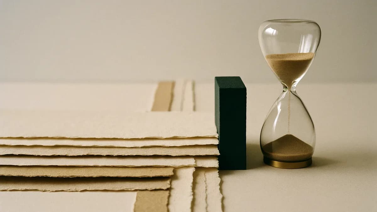 A band of layered paper strips ending at a dark green block beside an hourglass, the time limit on EOR employment in Germany.