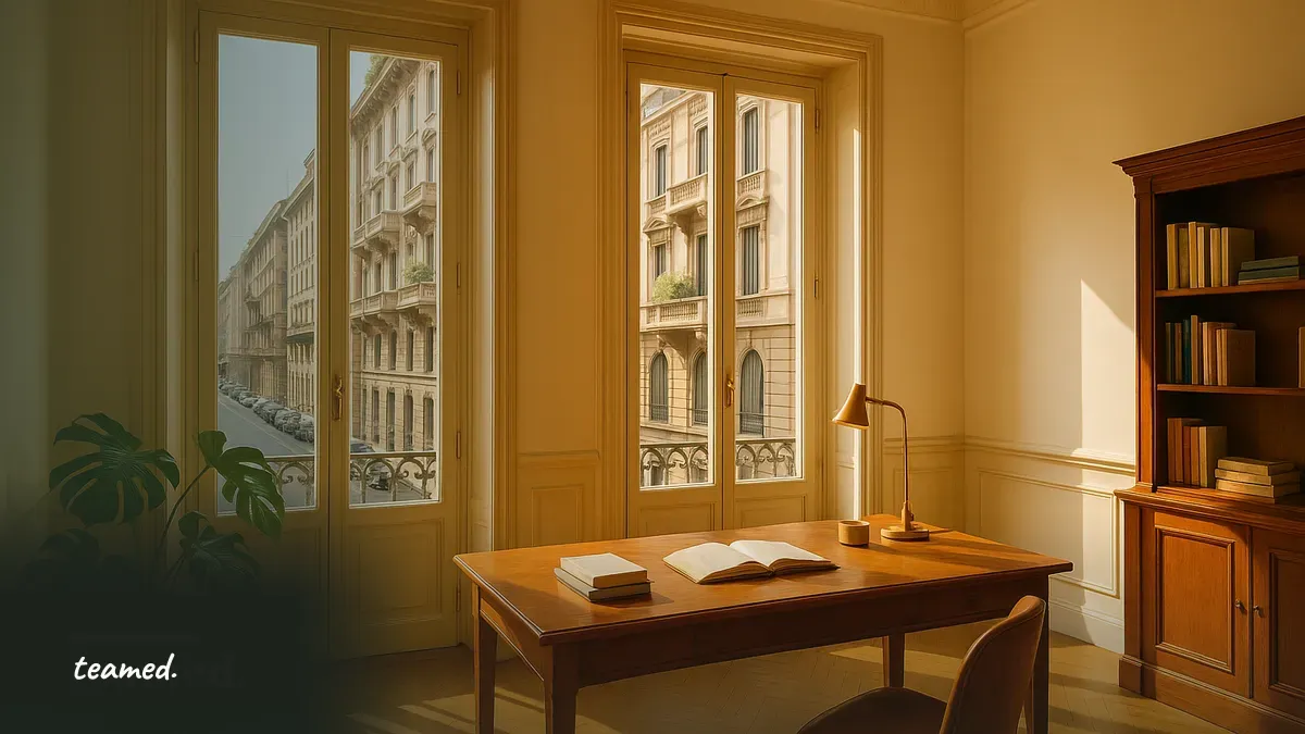 A warm Italian office interior by tall windows, evoking employment contracts in Italy.
