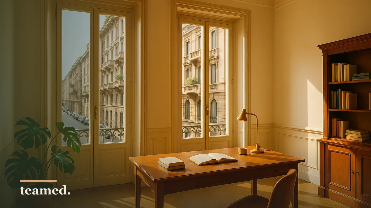 A warm Italian office interior by tall windows, evoking employment contracts in Italy.
