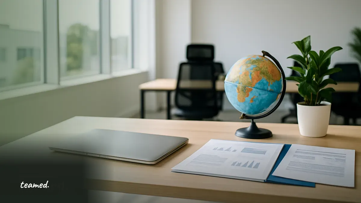A clean office scene with a globe and closed laptop, symbolizing global legal compliance in employment.