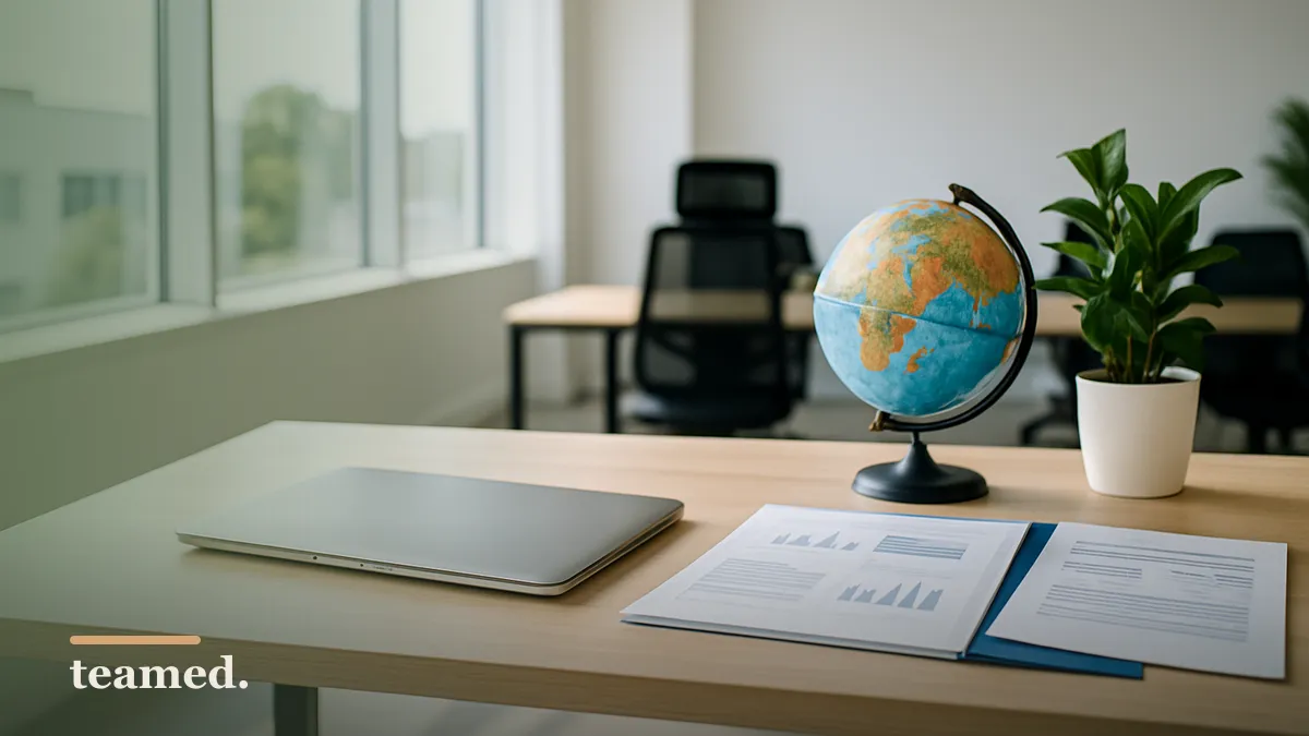 A clean office scene with a globe and closed laptop, symbolizing global legal compliance in employment.