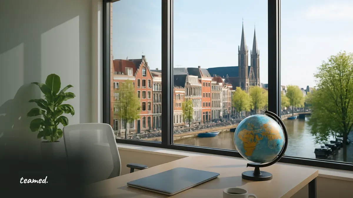 A modern office scene with a desk and globe, symbolizing global employment and contract requirements in the Netherlands.
