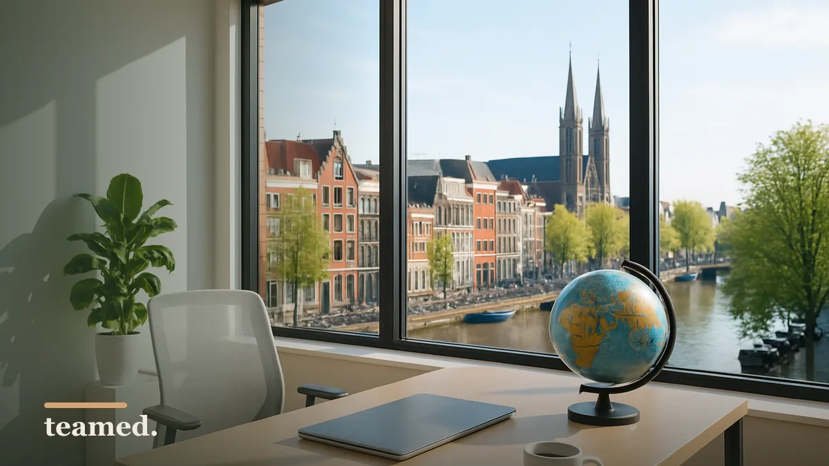 A modern office scene with a desk and globe, symbolizing global employment and contract requirements in the Netherlands.