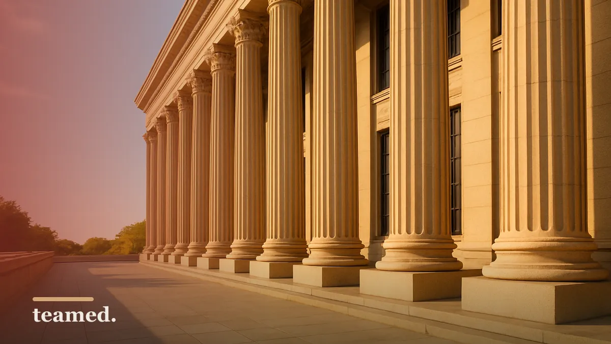 The stone colonnade of a classical courthouse, evoking a serious global legal architecture.