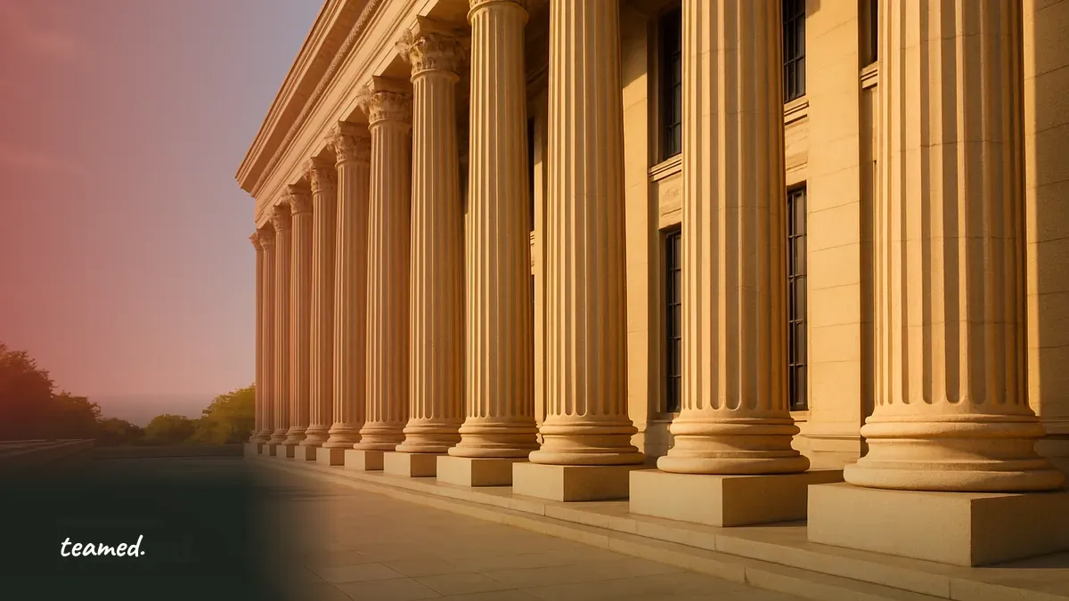 The stone colonnade of a classical courthouse, evoking a serious global legal architecture.